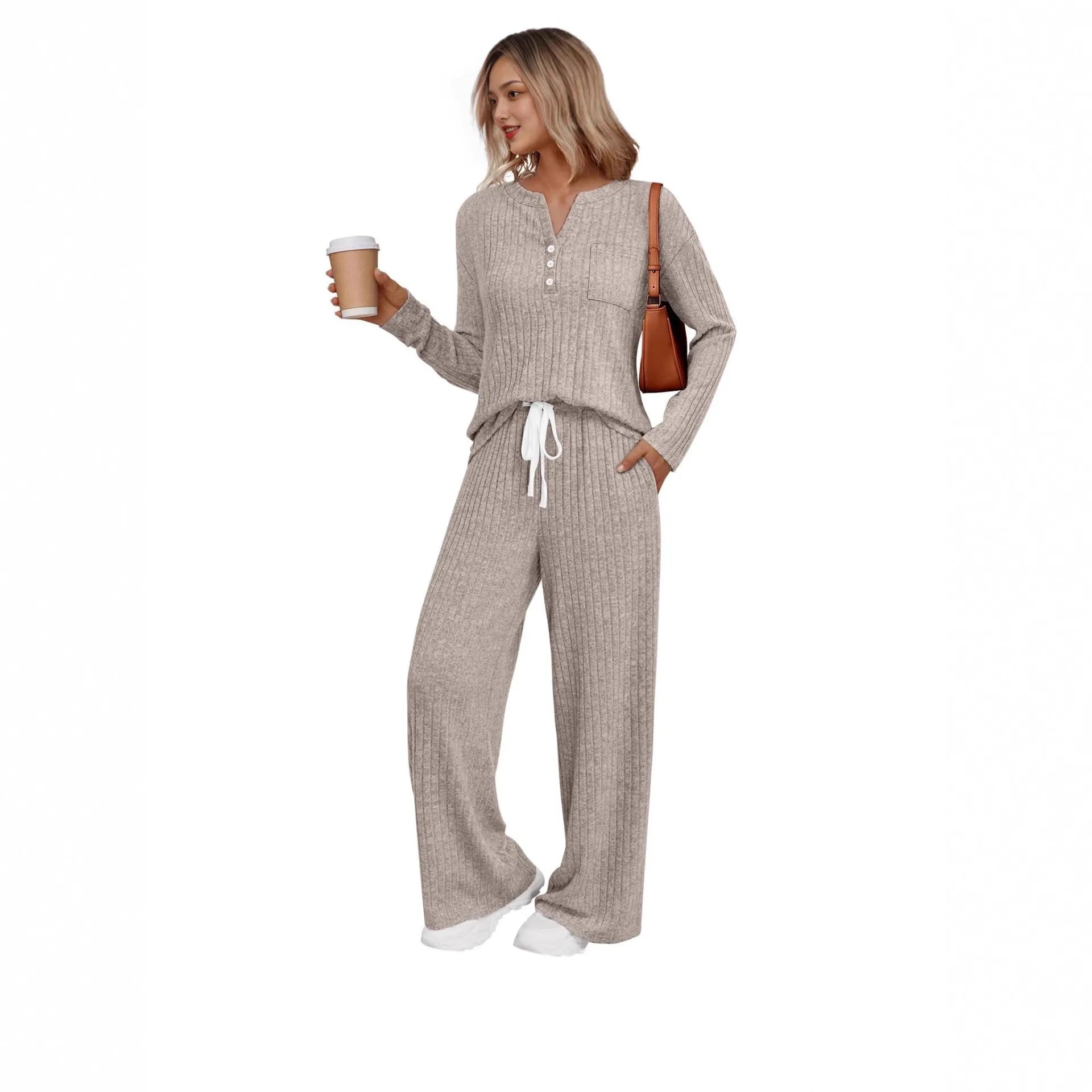 Women's striped V-neck knit casual coat with long sleeves and matching pants in light grey colour