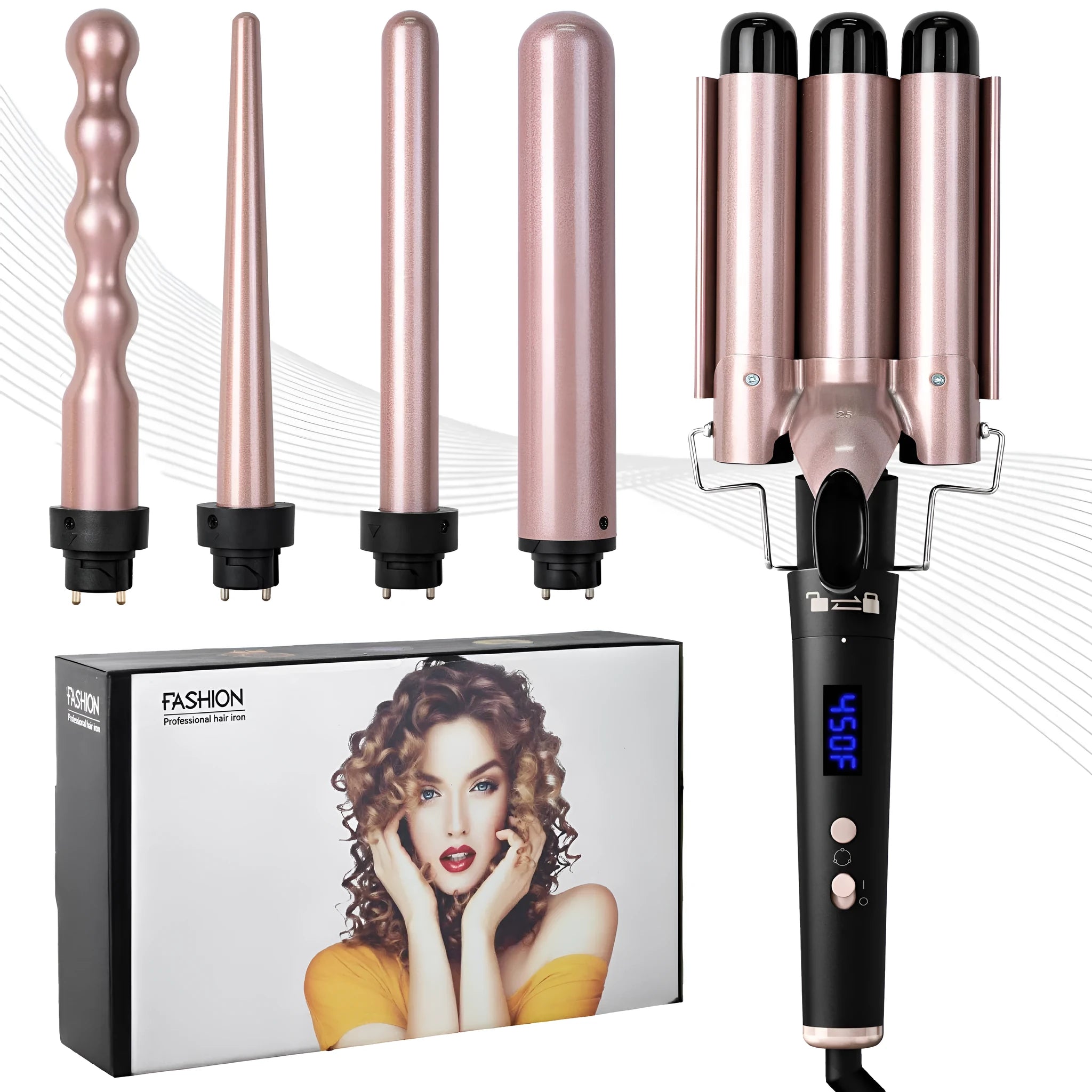 Rose gold five-in-one tube replacement hair curler with LCD screen display and protective gloves