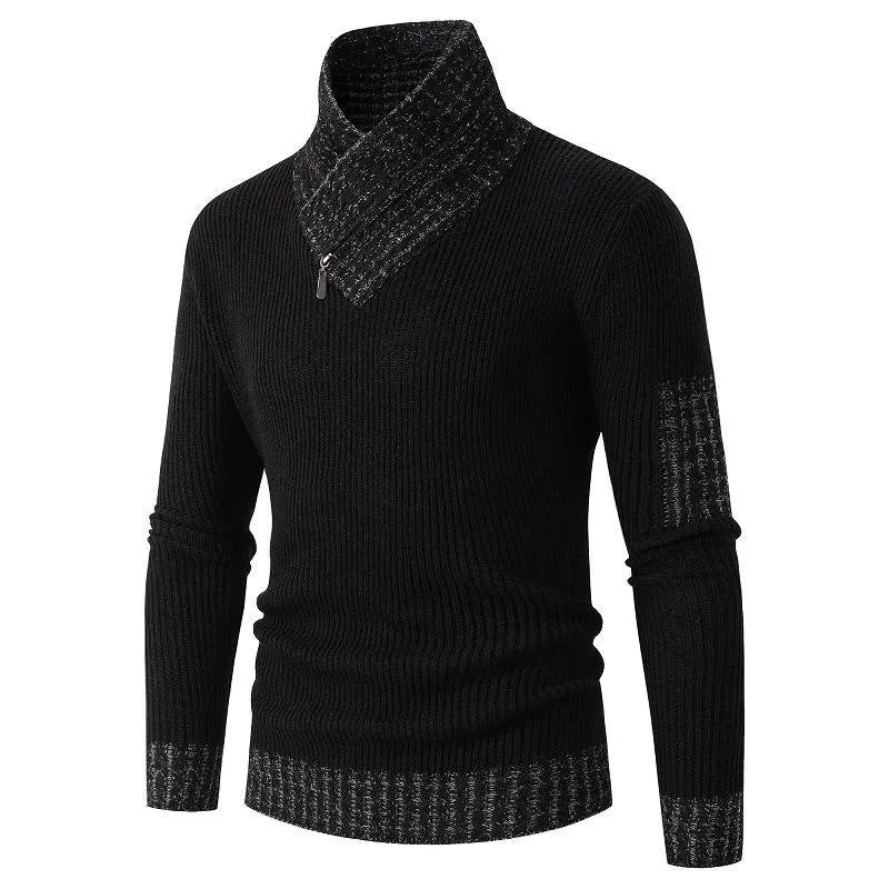 Men's casual slim knit pullover with scarf collar in khaki, ribbed bottom hem, long sleeves