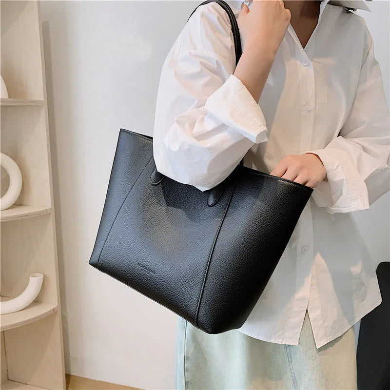 Solid colour soft PU bucket shoulder tote bag with zipper change pocket in black