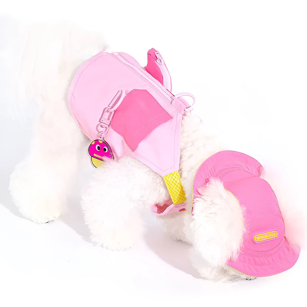 Pink polyester pet vest dog jacket shown on small breed dog