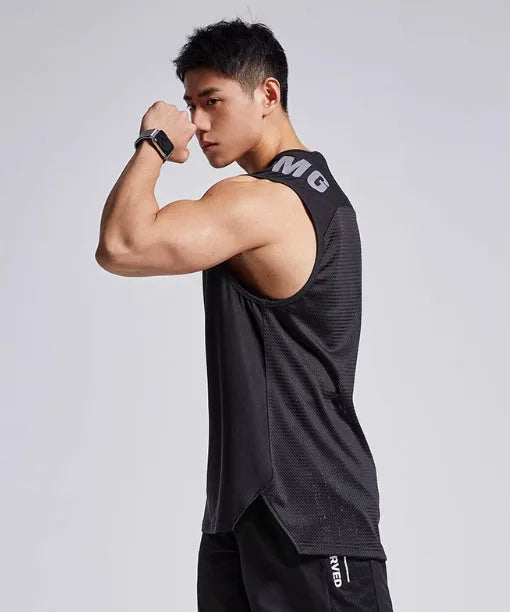Men's black mesh sports vest with breathable fabric and loose fit design for summer exercise