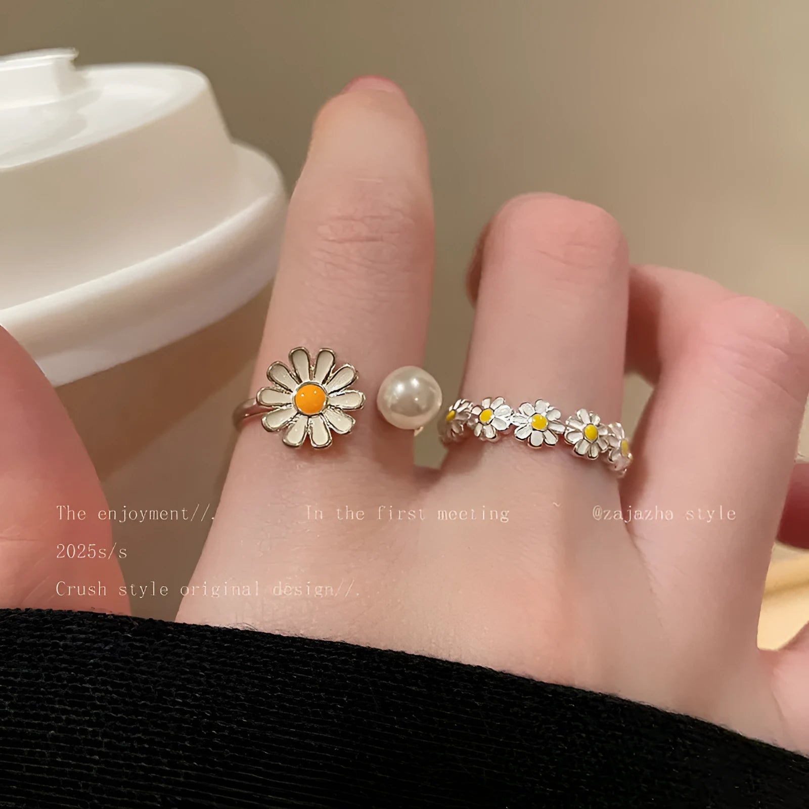 Little Daisy women's twin opening ring set in copper, one with a pearl and one plain.