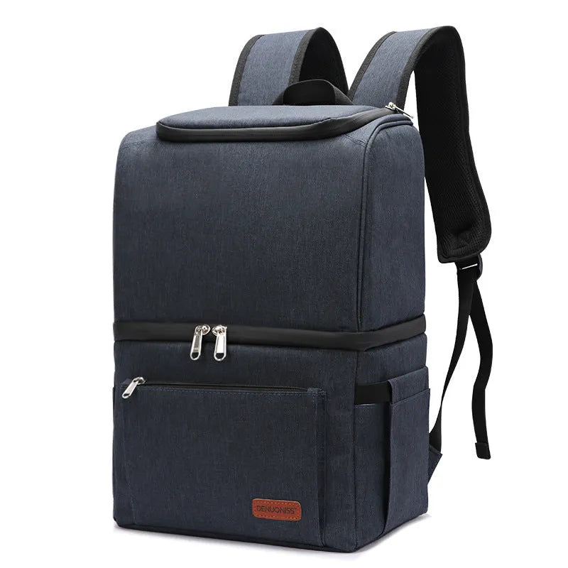 Blue insulated picnic backpack with double layer waterproof construction and 22L capacity