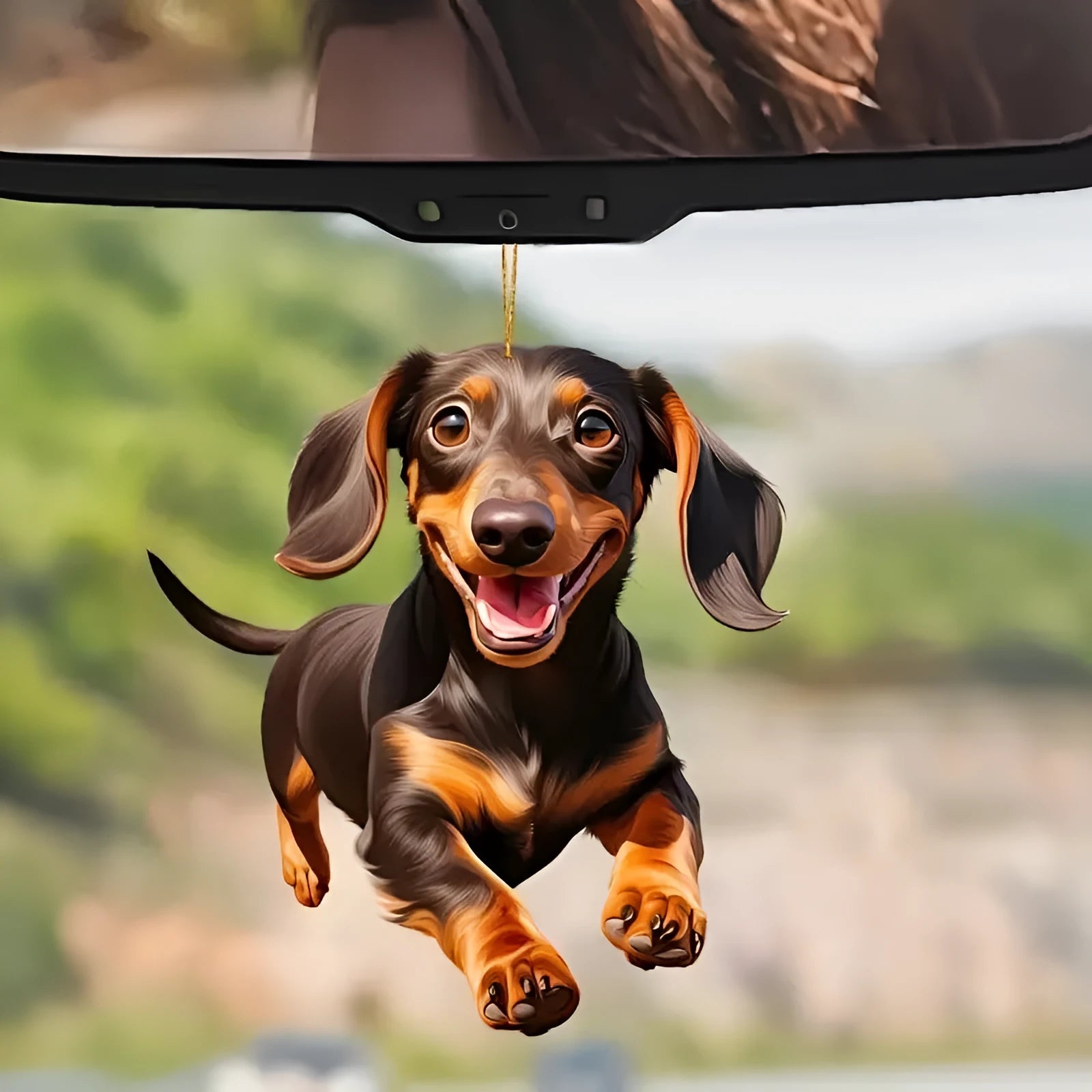 Flat acrylic car hanging ornament with cartoon dog design on white background