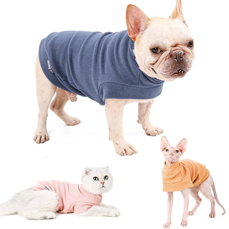 Simple warm pet clothes for hairless cats, rabbit plush sweater in light brown, blue and pink, sizes S M L