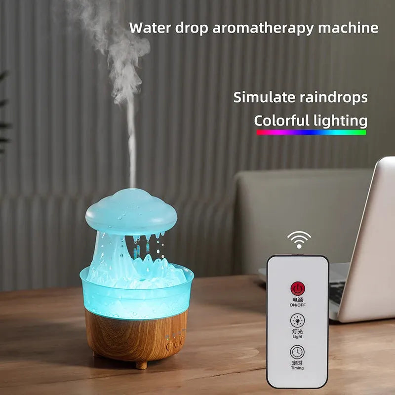 Wood grain white rain cloud shaped humidifier diffuser with coloured LED lights on a table