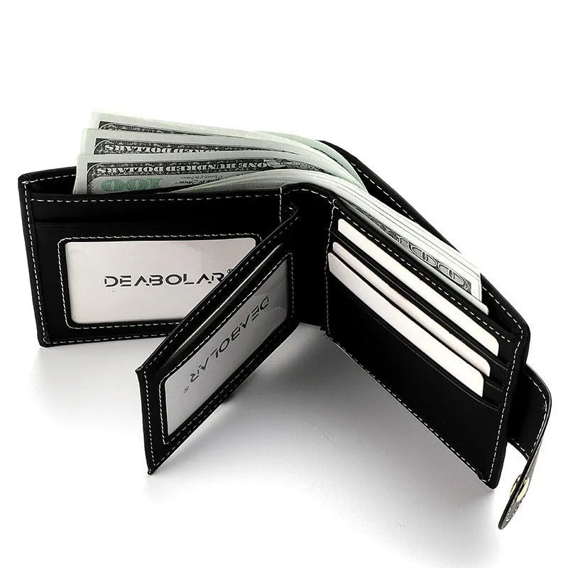 Black men's short wallet with animal print, showing zipper closure and multiple card slots.