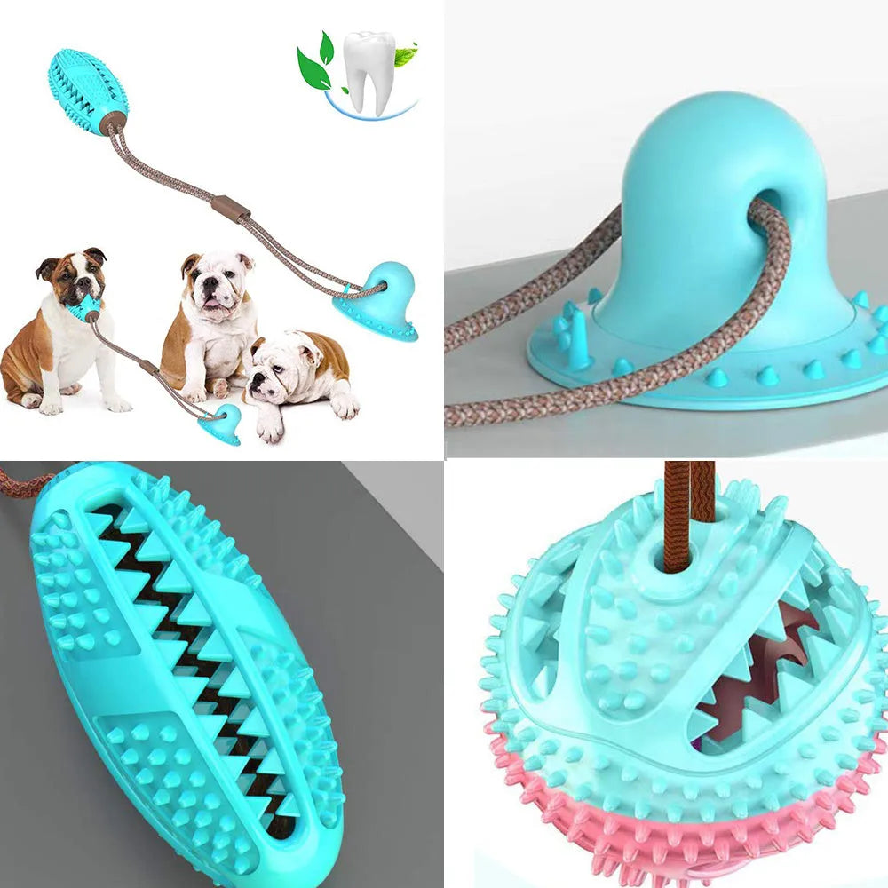 Silicone suction cup tug dog toy ball for pet chew and tooth cleaning in red and blue