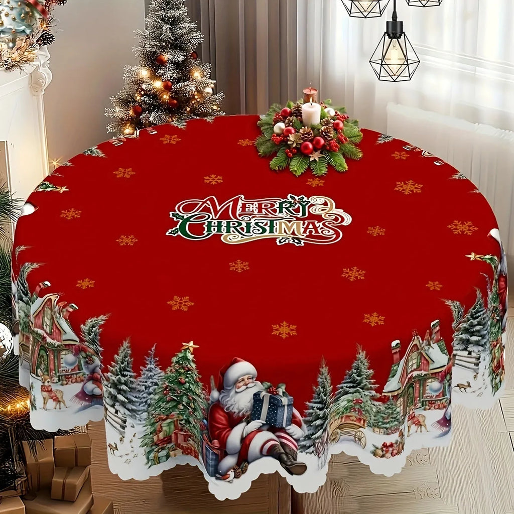 Round polyester Christmas tablecloth with snowflake and Santa print, 152cm diameter, non-slip and heat resistant
