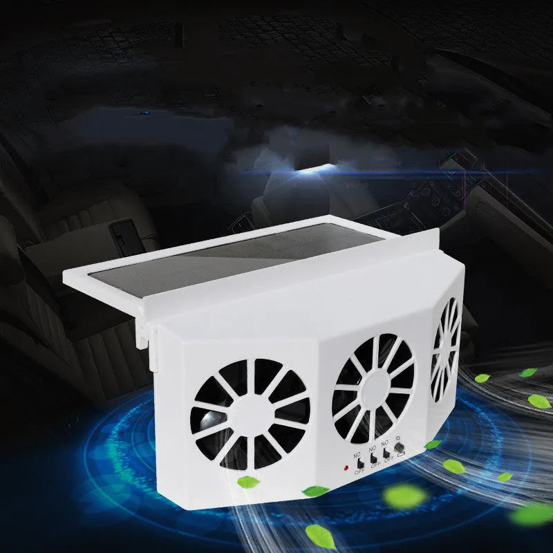 Solar car exhaust fan in black or white ABS with USB power, 1.5W motor, three-outlet or double-outlet design.