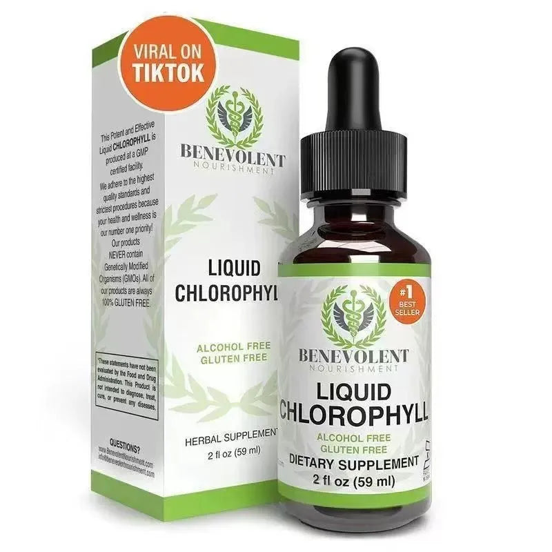 60ml bottle of natural liquid chlorophyll drops for adult intestinal care and body odour support.