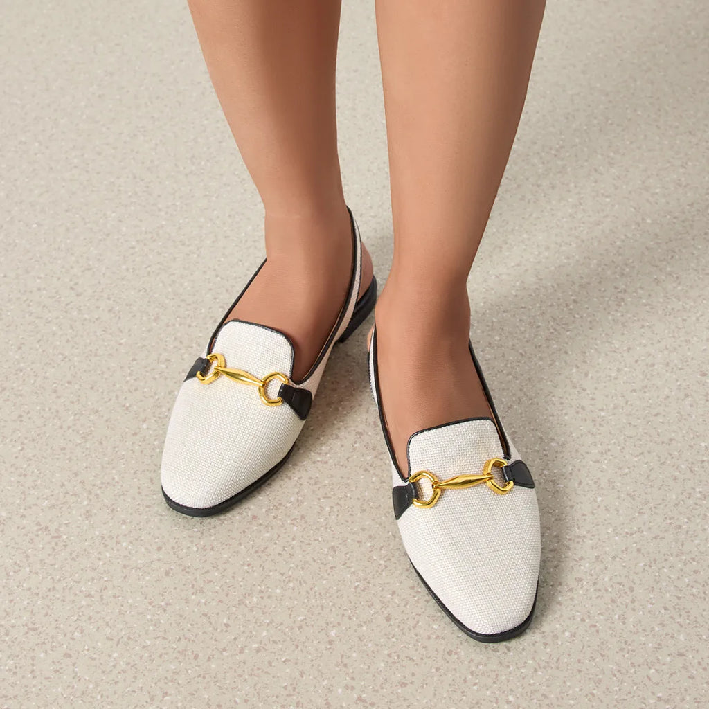 Women's closed toe half slippers with chunky low heel in black linen and imitation leather lining