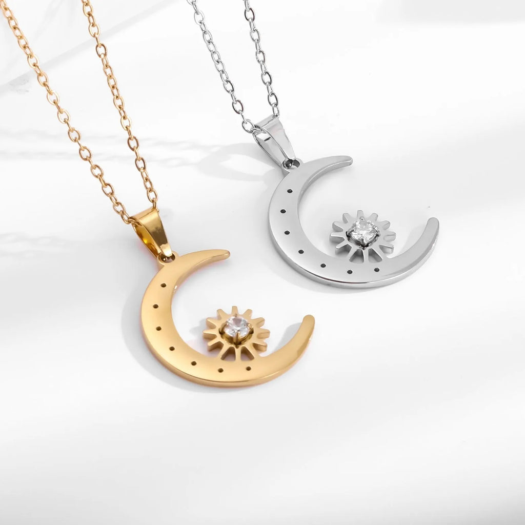 Titanium steel star moon pendant necklace for women, available in steel or gold colour, geometric design