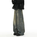 Blue washed distressed stitching straight loose wide-leg jeans for men, cotton denim, mid waist