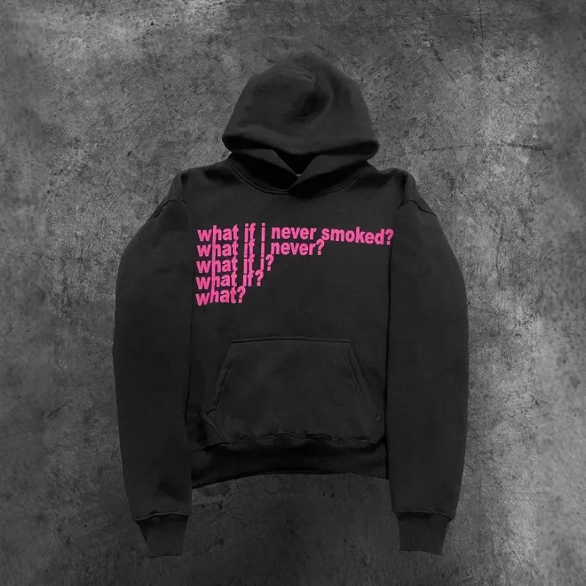 Black heavy hooded sweater with white letter and figure print on the front.