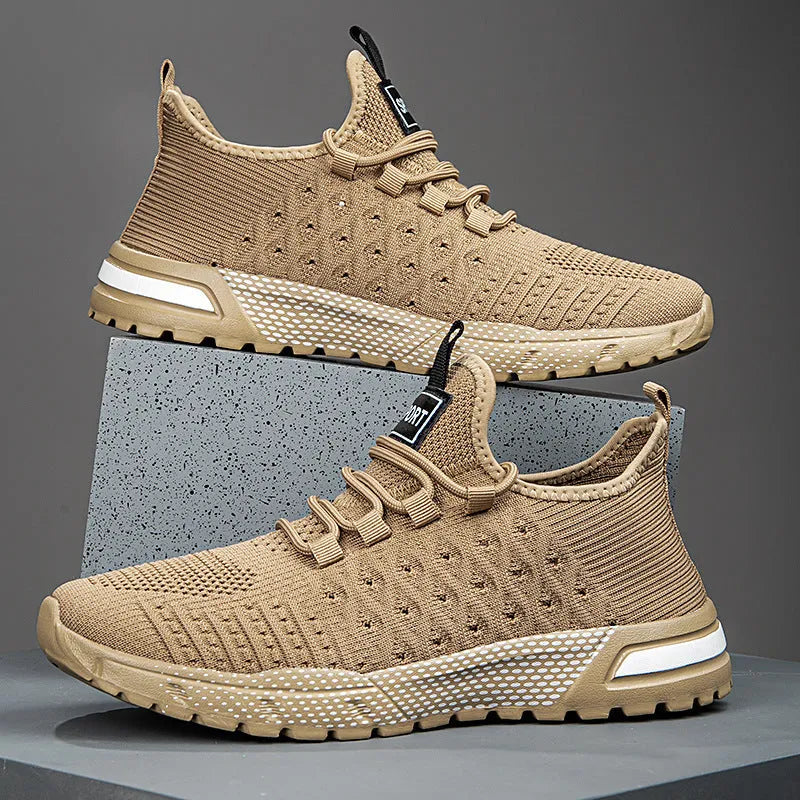 Men's solid colour casual shoes with mesh upper in Army Green, shown from side perspective