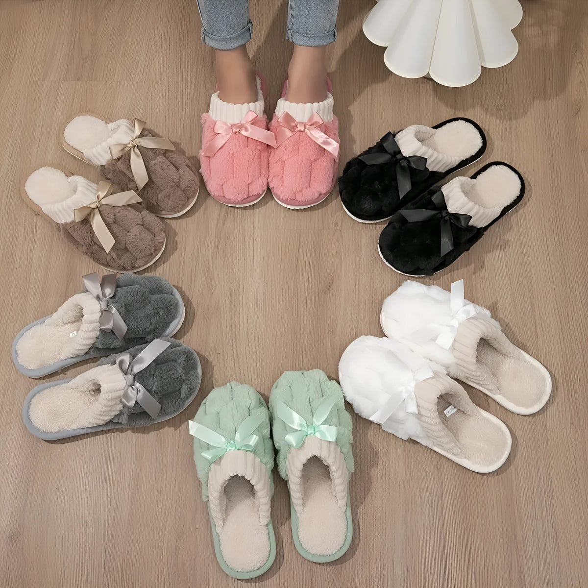 Soft bottom indoor slippers with plush lining, suede upper, and woven flax sole in peach, white, grey, khaki, black, or light green