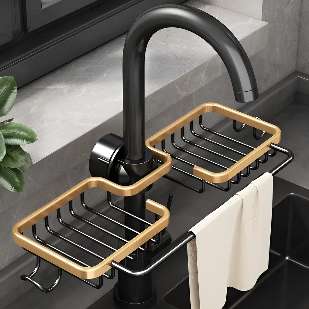 Kitchen faucet rack drain basket in space aluminium, single bar, installed on a silver tap over a sink