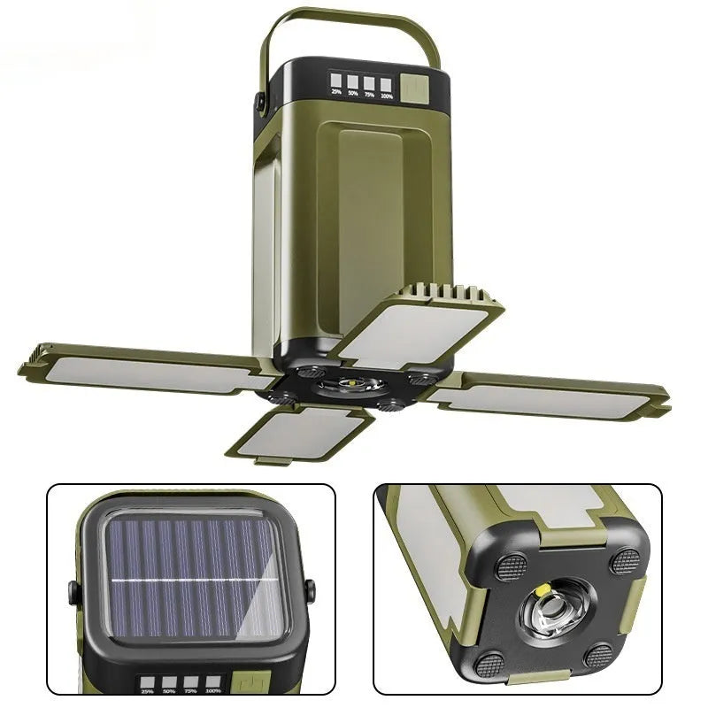 Four-leaf folding solar camping light with built-in 2000 mAh 18650 battery and press switch, 12 x 7 x 7 cm
