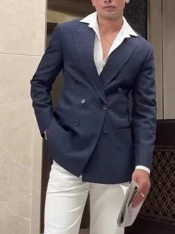 Men's striped double-breasted blazer showing regular fit and traditional tailoring details