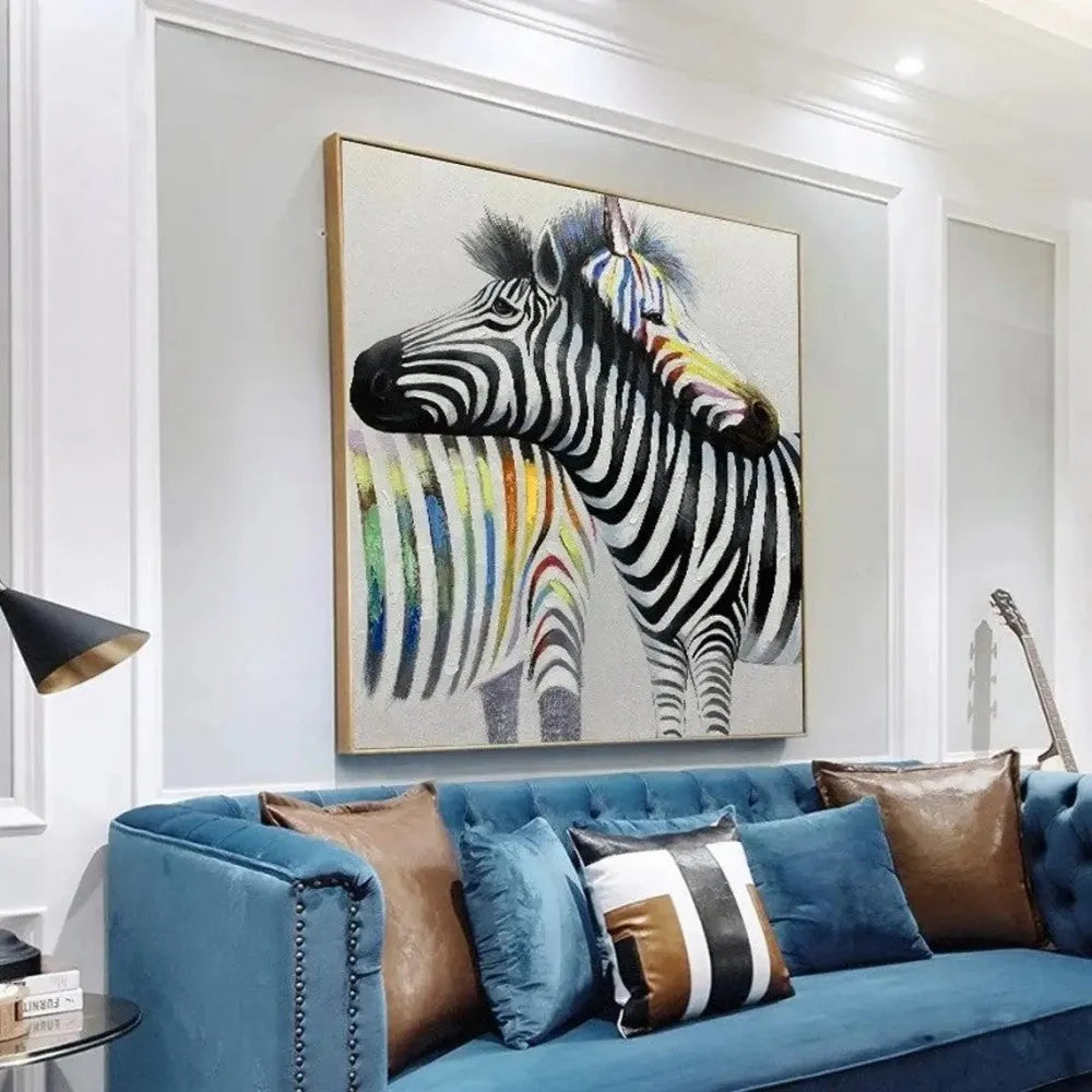 Handmade oil painting on canvas of colourful couple zebras, square frameless wall art for living room or bedroom