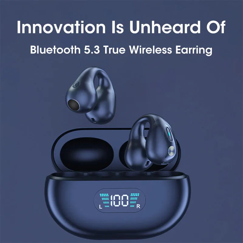 Clip-on bone conduction Bluetooth wireless headset in black, white, and khaki colour options.
