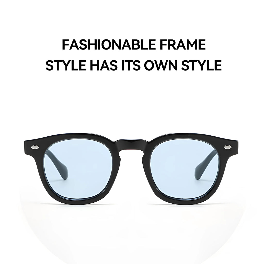 Round rim sunglasses with transparent frame and tinted lens in various colour combinations