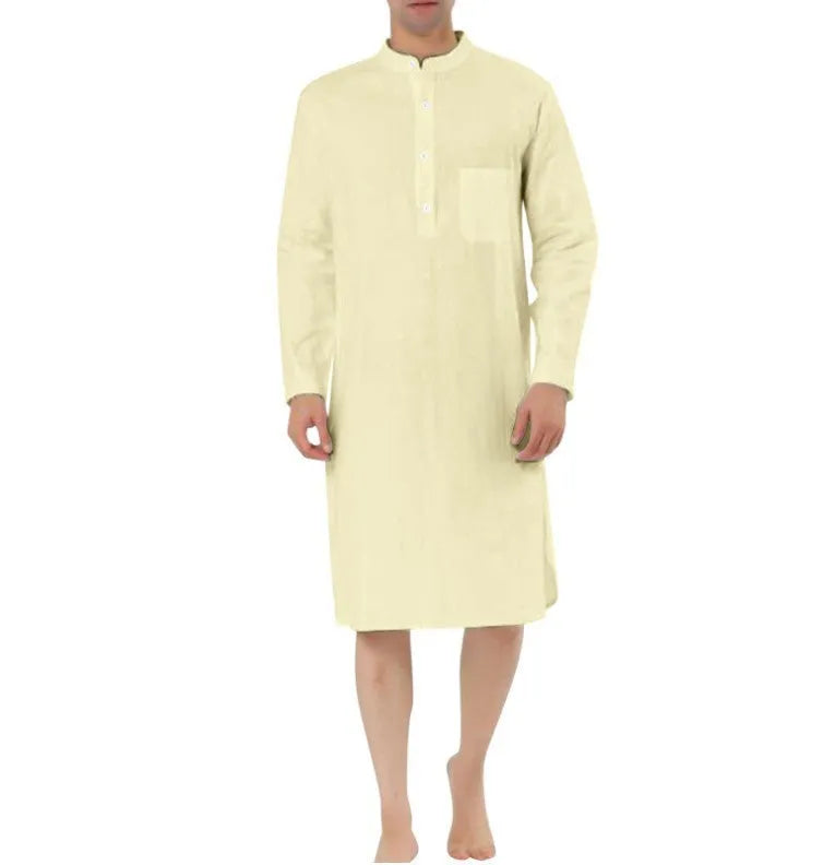 Men's cotton shirt robe in various colours showing shirt collar, front button opening, and pockets