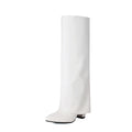 Women's plus size high heel winter boots in black with high cylindrical sock length and sewing line detail