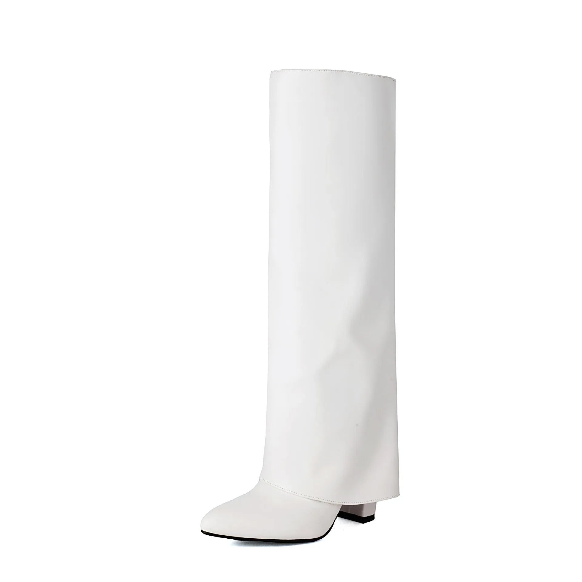 Women's plus size high heel winter boots in black with high cylindrical sock length and sewing line detail