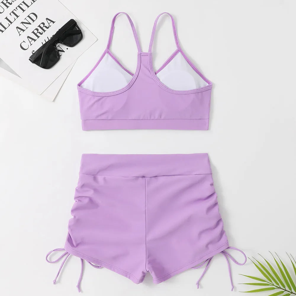 Women's solid colour high waist split swimsuit bikini set with spandex lining