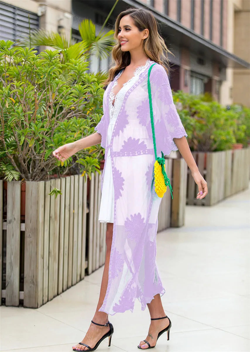 Light purple beach cardigan with lace embroidery, shown as a swimsuit cover-up.