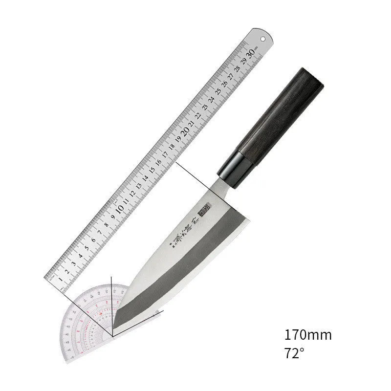 Multi-purpose kitchen knife with V silver steel blade, chestnut handle, 193mm blade length, and 62° point.
