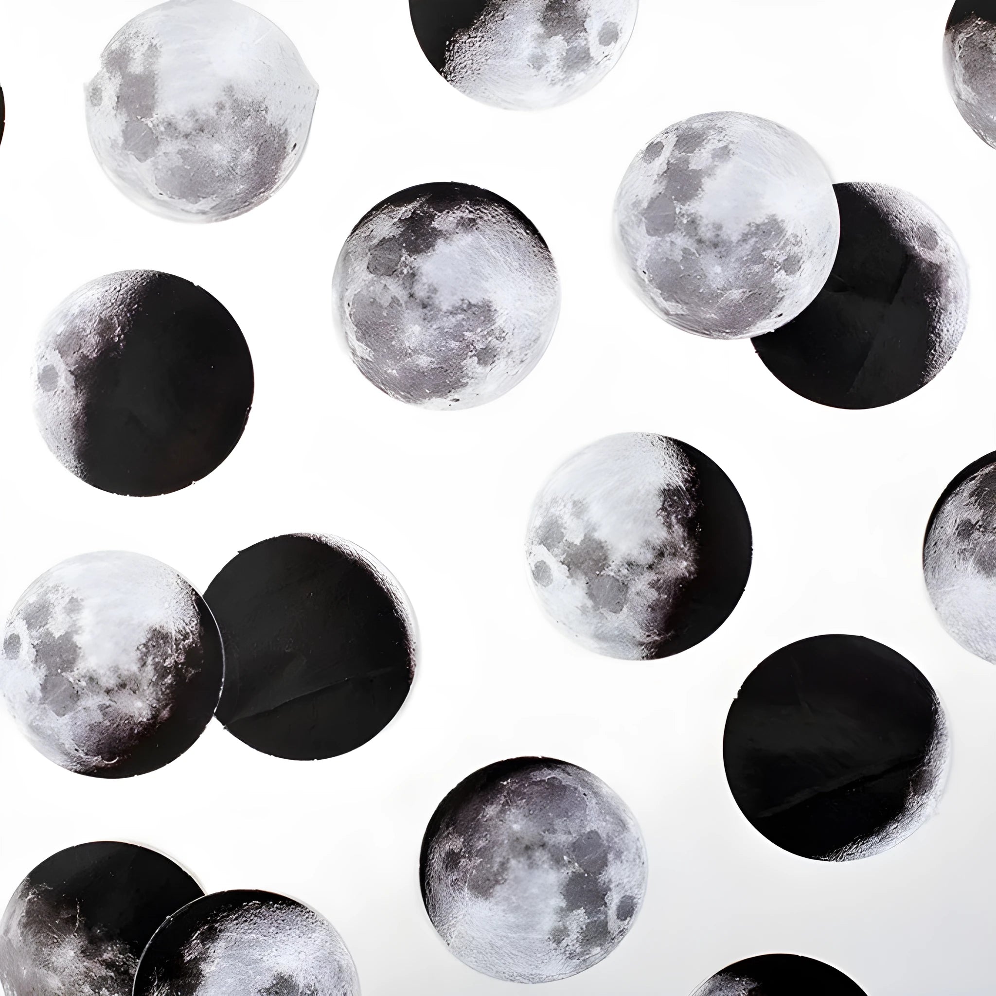 Boxed sheet of 45 black moon phase and calendar planet stickers on self-adhesive paper.