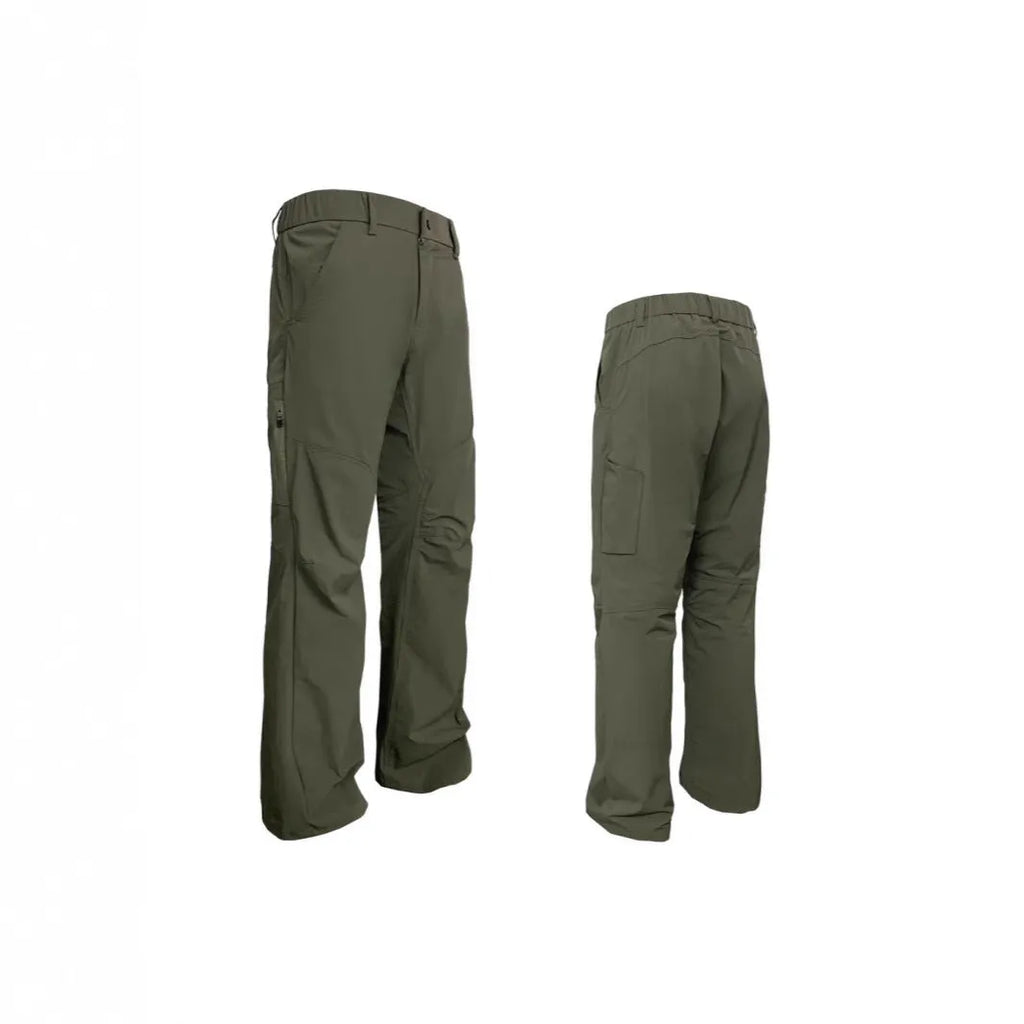 Man wearing grey 3D cut deconstructed casual trousers with a straight leg and elasticated waistband.