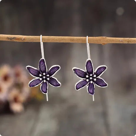 Purple flower-shaped alloy earrings with electroplated finish for women