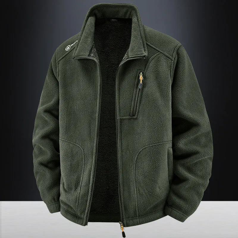 Men's loose casual polar fleece cardigan jacket in dark gray with full front closure