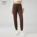 Women's high waist yoga pants with drawstring waistband in cotton blend fabric