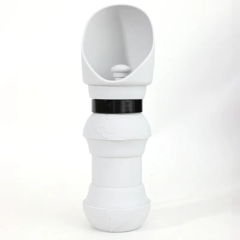 Silicone pet folding water cup shown in open and collapsed states, in assorted colours.