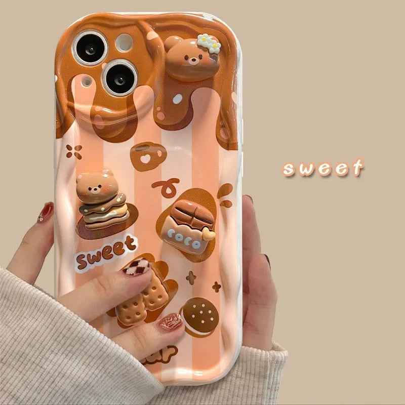 White silicone phone case with chocolate bear doll lanyard for iPhone 15 Pro