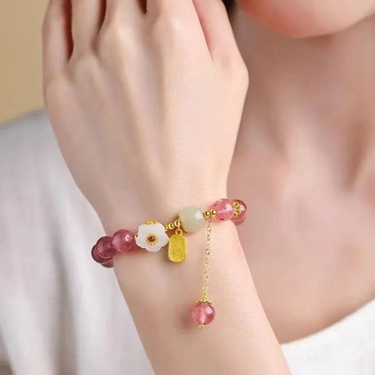 Handmade strawberry quartz crystal bracelet for girls with natural crystal beads and moon charms