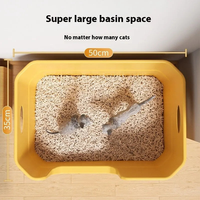Oversized splash-proof PP cat litter box in 50cm with open semi-closed design and free litter spoon