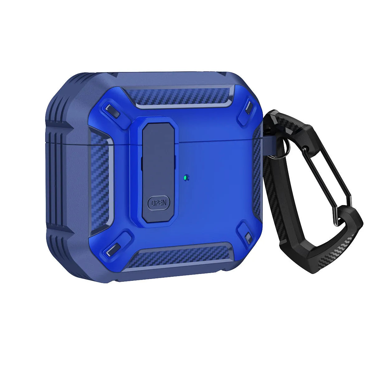 AirPods plastic clamshell protective case in a two-colour design with an attached metal carrying hook