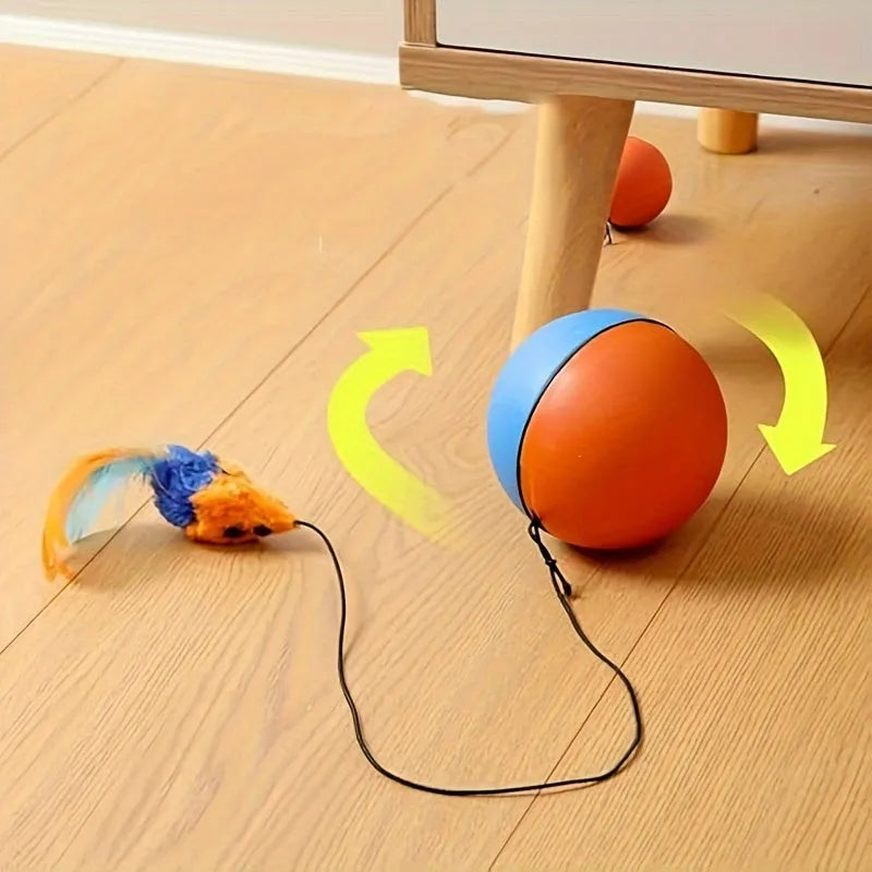 Interactive cat toy ball with attached plush mouse in blue and orange colour options