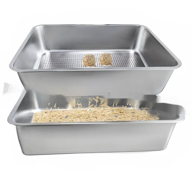 Extra large leak-proof sand filtering detachable open cat litter box with stainless steel basin