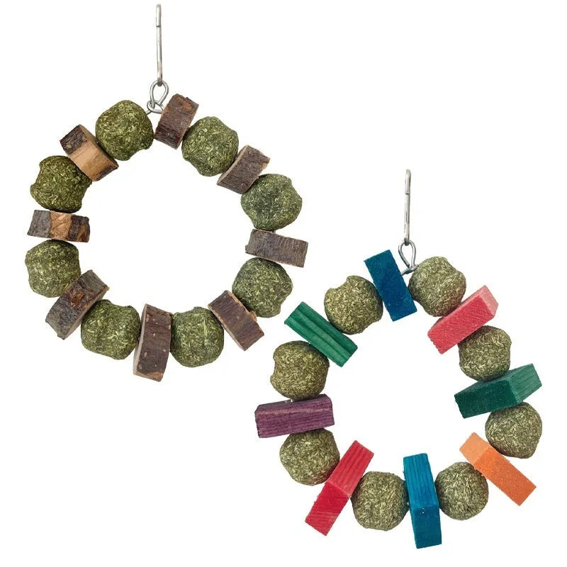 Hamster chew toy with Totoro decorative ring, straw ball, and applewood molar rod