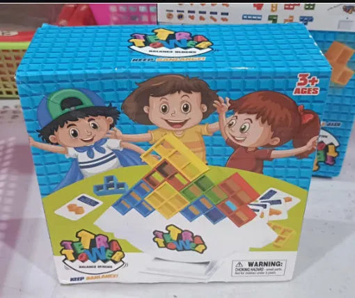 Plastic balance stacking tower game with coloured blocks on a base for kids and adults