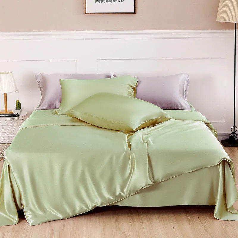 Solid colour silk duvet cover in plain weave construction, shown in bright brown