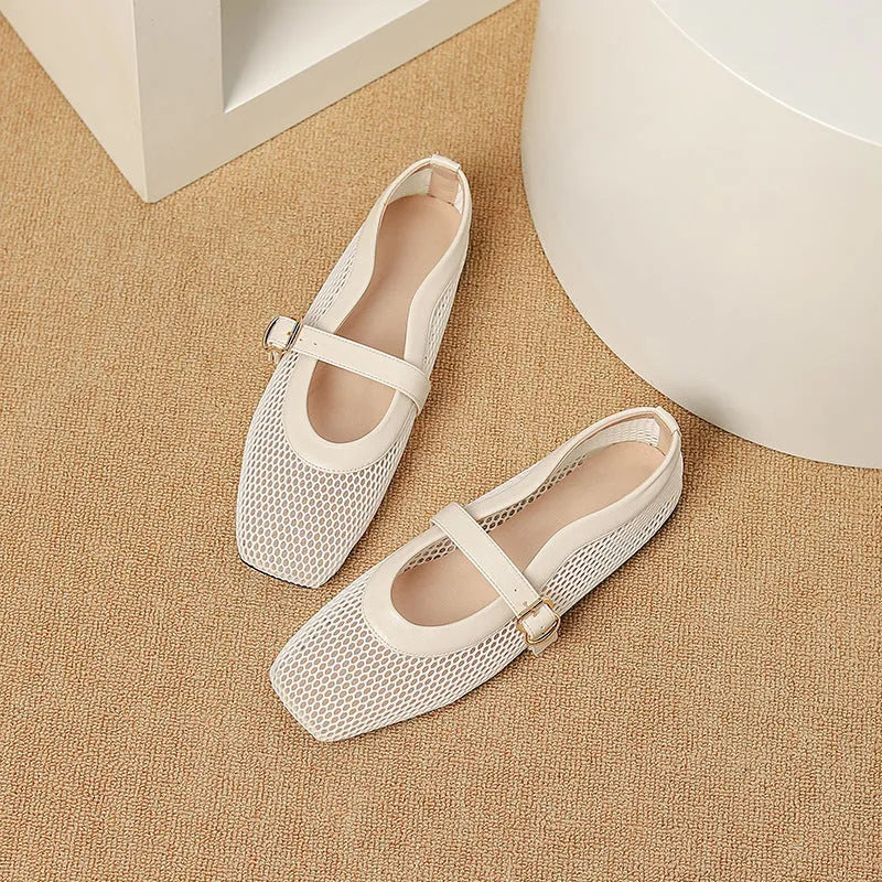 Women's beige mesh low-heel pump with square toe and buckle strap